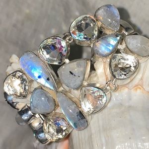 Exquisite Rainbow Moonstone + Mystic White Quartz statement Bracelet